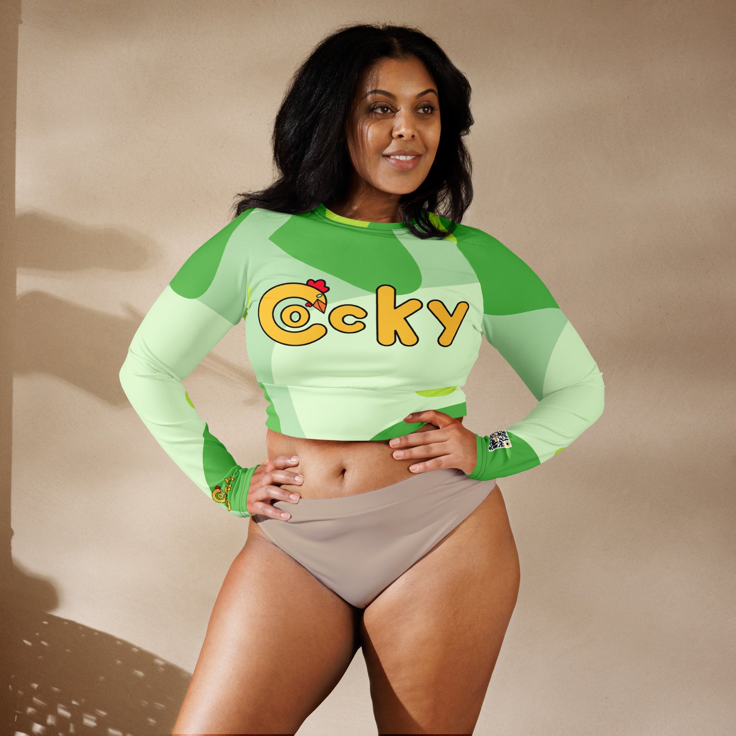 Long-sleeve crop top-Green Abstract