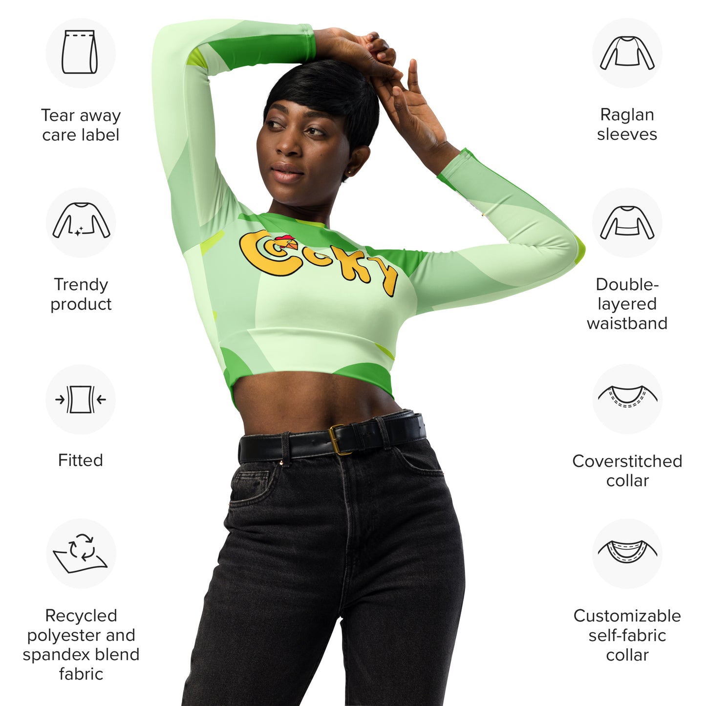 Long-sleeve crop top-Green Abstract